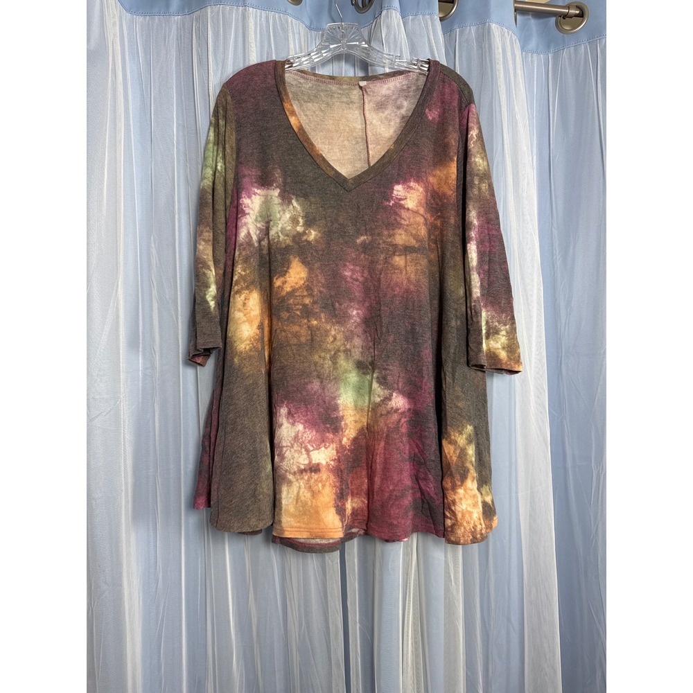 Curvy Tunic Women 1X 1510V3 Multi Color Tie Dye V-Neck 3/4 Sleeve EUC